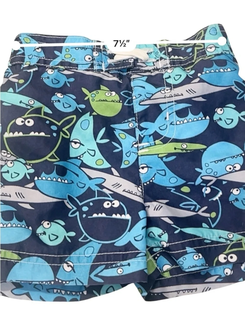 Boys Small Blue Shark Print Swim Trunks polyester lining pull-on elastic waist
